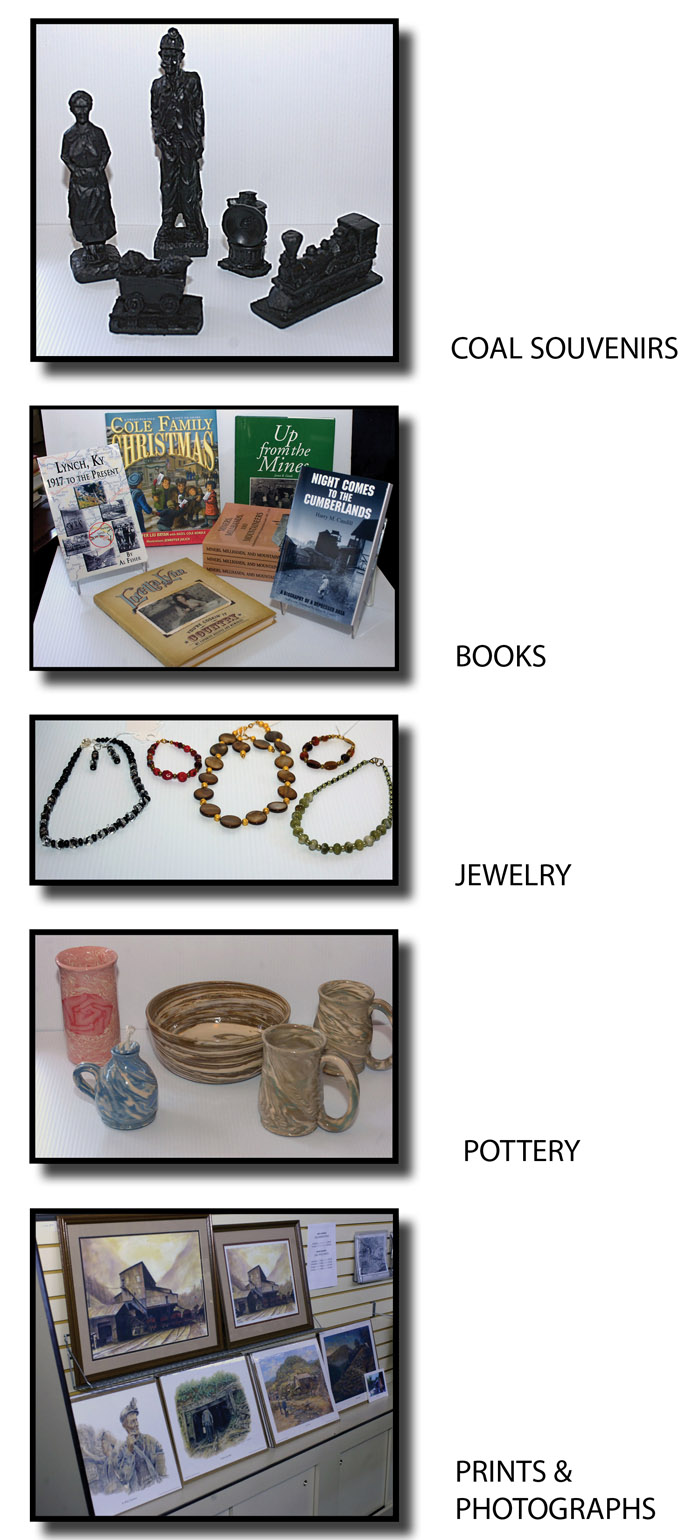 coal souvenirs, books, jewelry, pottery, prints and photographs that are for sale in the commissary